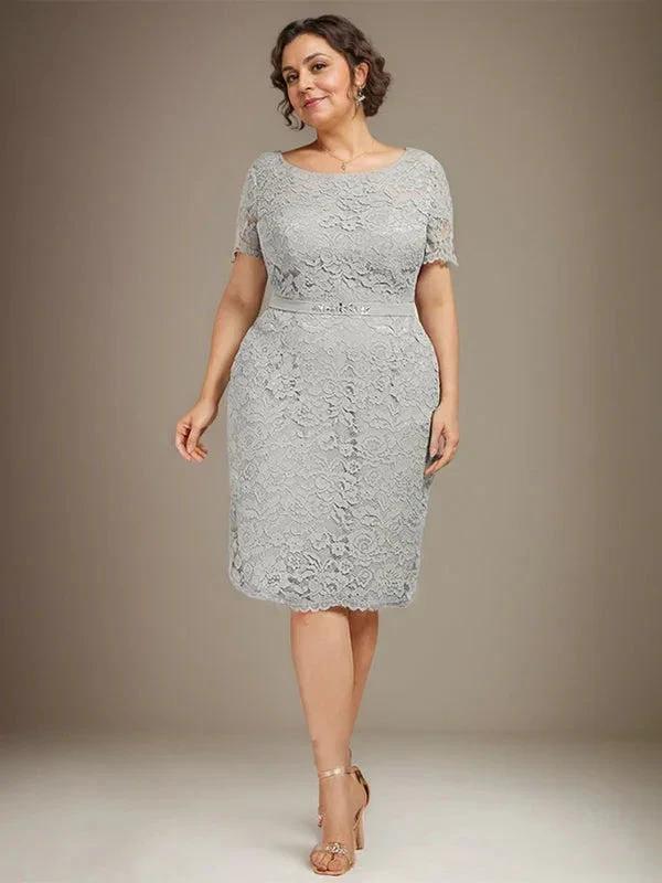 Sheath/Column Scoop Knee-Length Chiffon Lace Mother of the Bride Dress With Beading