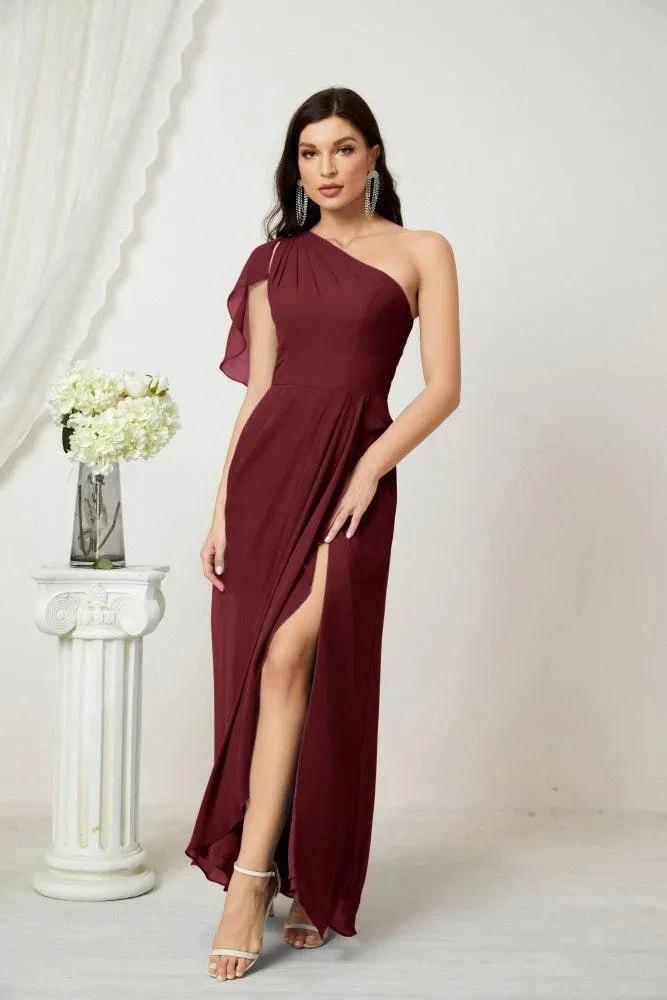Numbersea  Chiffon Ruffled One Shoulder Long Bridesmaid Dresses A-line Formal Evening Gown Side Split 2809