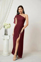 Numbersea  Chiffon Ruffled One Shoulder Long Bridesmaid Dresses A-line Formal Evening Gown Side Split 2809