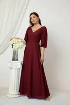 Numbersea  Formal Prom Gown Women V-Neck Chiffon Bridesmaid Dresses Long Bishop Sleeve Party Dress 2807