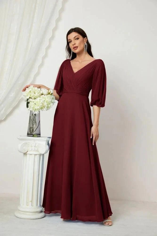 Numbersea  Formal Prom Gown Women V-Neck Chiffon Bridesmaid Dresses Long Bishop Sleeve Party Dress 2807