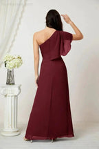 Numbersea  Chiffon Ruffled One Shoulder Long Bridesmaid Dresses A-line Formal Evening Gown Side Split 2809