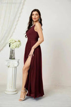 Numbersea Chiffon V-Neck Bridesmaid Dress Spaghetti Strap Long Formal Party Prom Gowns with Slit 28010