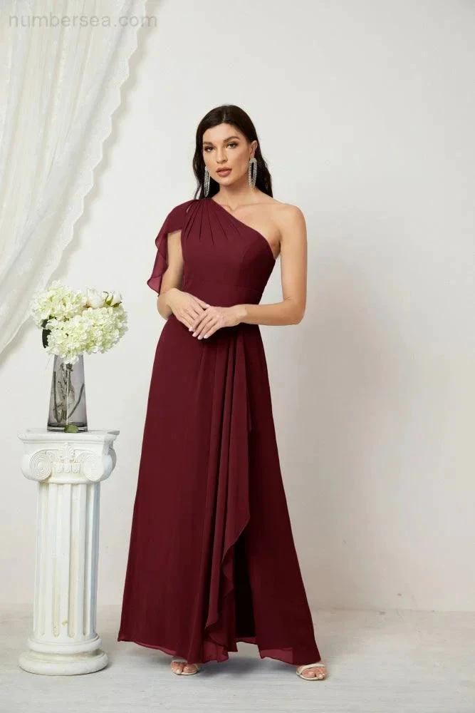 Numbersea  Chiffon Ruffled One Shoulder Long Bridesmaid Dresses A-line Formal Evening Gown Side Split 2809