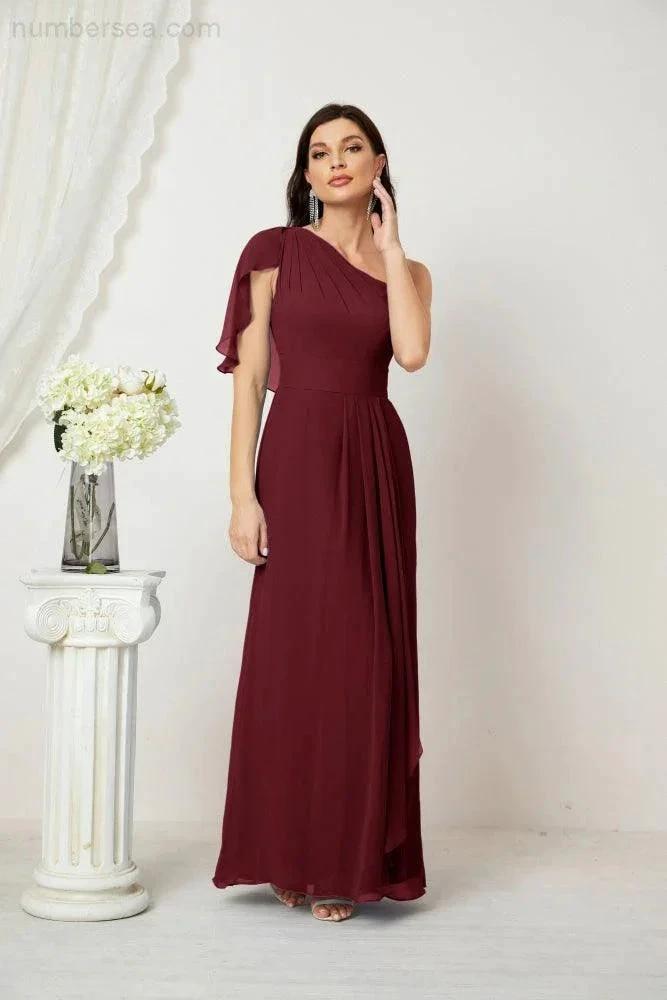 Numbersea  Chiffon Ruffled One Shoulder Long Bridesmaid Dresses A-line Formal Evening Gown Side Split 2809