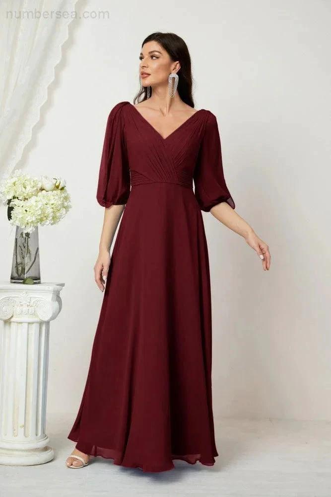 Numbersea  Formal Prom Gown Women V-Neck Chiffon Bridesmaid Dresses Long Bishop Sleeve Party Dress 2807