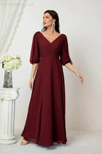 Numbersea  Formal Prom Gown Women V-Neck Chiffon Bridesmaid Dresses Long Bishop Sleeve Party Dress 2807
