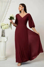 Numbersea  Formal Prom Gown Women V-Neck Chiffon Bridesmaid Dresses Long Bishop Sleeve Party Dress 2807