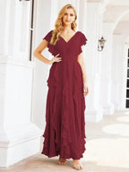 Ruffled Bridesmaid Dresses with Sleeves Long Formal Party Dress 28041