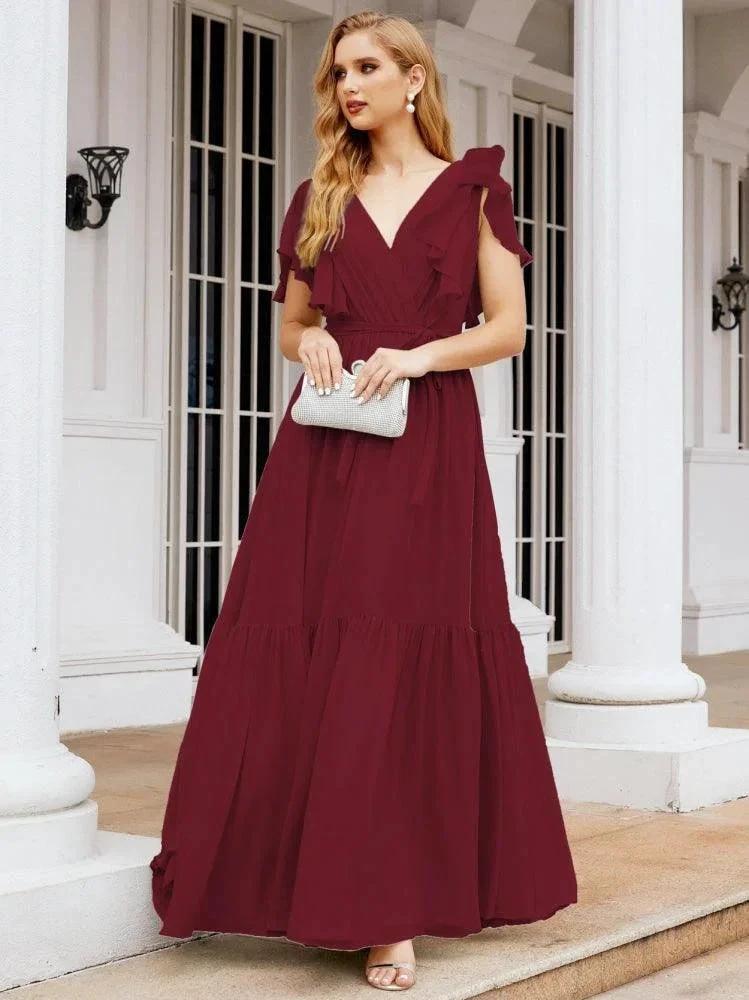 Numbersea Women's Open Back Formal Evening Party Prom Gowns V-Neck Long Chiffon Bridesmaid Dresses with Waist Belt 28038