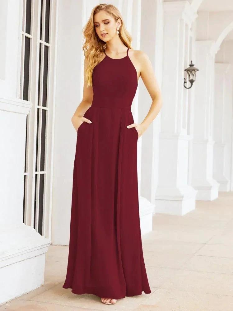Numbersea Halter Bridesmaid Dresses with Pockets Sleeveless Formal Evening Party Prom Gowns  28055