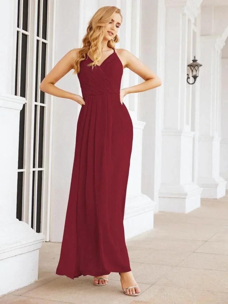 Numbersea Spaghetti Strap Bridesmaid Dresses V-Neck Long A-Line Formal Prom Gowns 28063