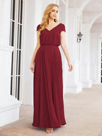 Numbersea V-Neck Bridesmaid Dresses Long Cap Sleeves Prom Evening Formal Gowns 28071