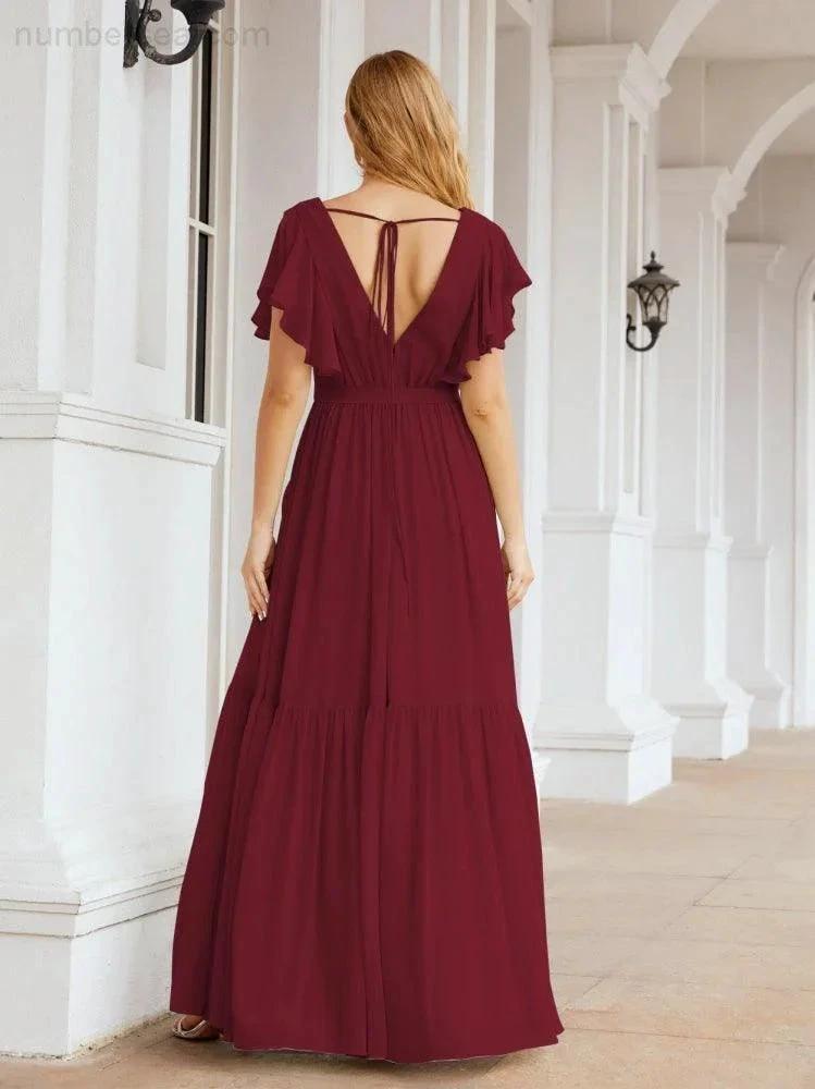 Numbersea Women's Open Back Formal Evening Party Prom Gowns V-Neck Long Chiffon Bridesmaid Dresses with Waist Belt 28038