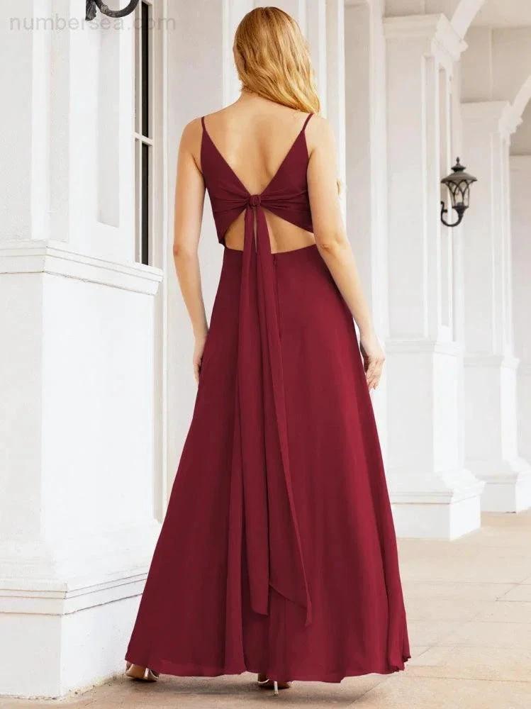 Numbersea Spaghetti Strap Bridesmaid Dresses V Neck Butterfly Back Fromal Evening Party Prom Gown 28036