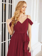 Numbersea Off The Shoulder Chiffon Bridesmaid Dress Long Formal Graduation Gown with Cowl Back 28069