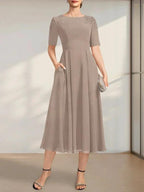 A-line Scoop Tea-Length Chiffon Mother of the Bride Dress With Appliques Lace Sequins