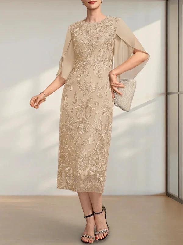 Sheath/Column Scoop Tea-Length Lace Chiffon Mother of the Bride Dress