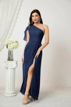 Numbersea  Chiffon Ruffled One Shoulder Long Bridesmaid Dresses A-line Formal Evening Gown Side Split 2809
