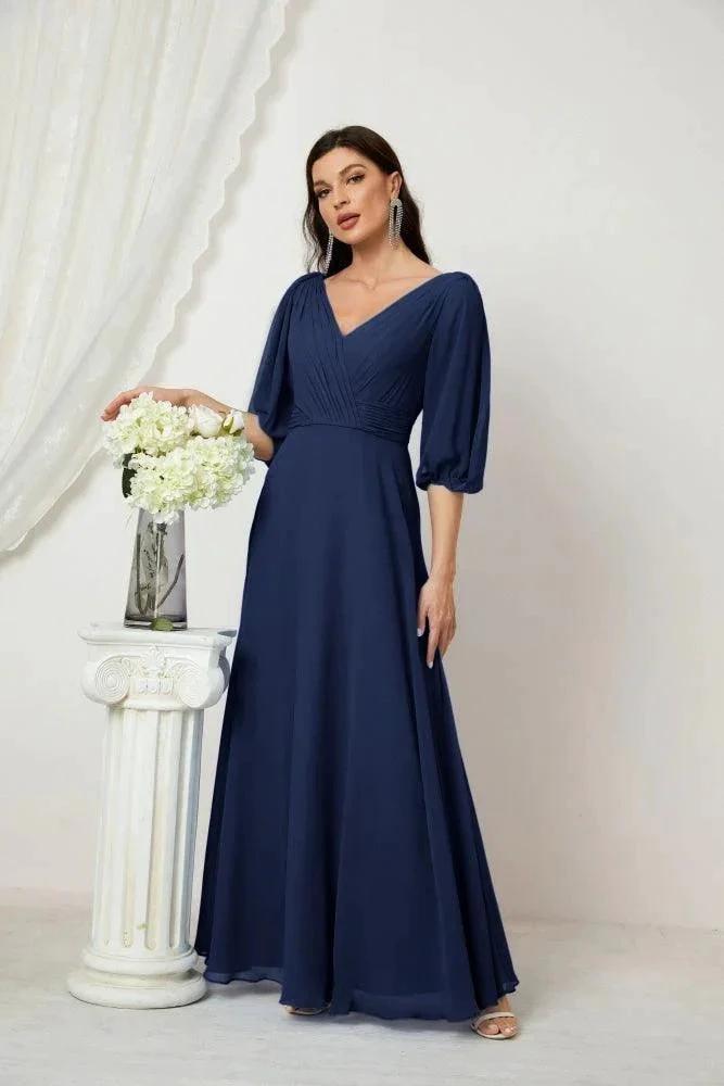 Numbersea  Formal Prom Gown Women V-Neck Chiffon Bridesmaid Dresses Long Bishop Sleeve Party Dress 2807