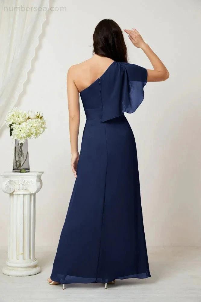 Numbersea  Chiffon Ruffled One Shoulder Long Bridesmaid Dresses A-line Formal Evening Gown Side Split 2809