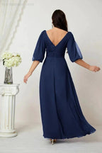 Numbersea  Formal Prom Gown Women V-Neck Chiffon Bridesmaid Dresses Long Bishop Sleeve Party Dress 2807