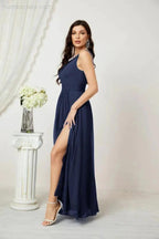 Numbersea Chiffon V-Neck Bridesmaid Dress Spaghetti Strap Long Formal Party Prom Gowns with Slit 28010