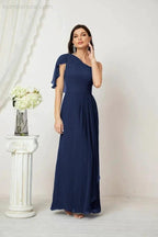 Numbersea  Chiffon Ruffled One Shoulder Long Bridesmaid Dresses A-line Formal Evening Gown Side Split 2809