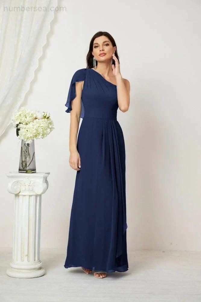 Numbersea  Chiffon Ruffled One Shoulder Long Bridesmaid Dresses A-line Formal Evening Gown Side Split 2809