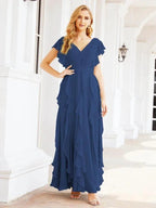 Ruffled Bridesmaid Dresses with Sleeves Long Formal Party Dress 28041