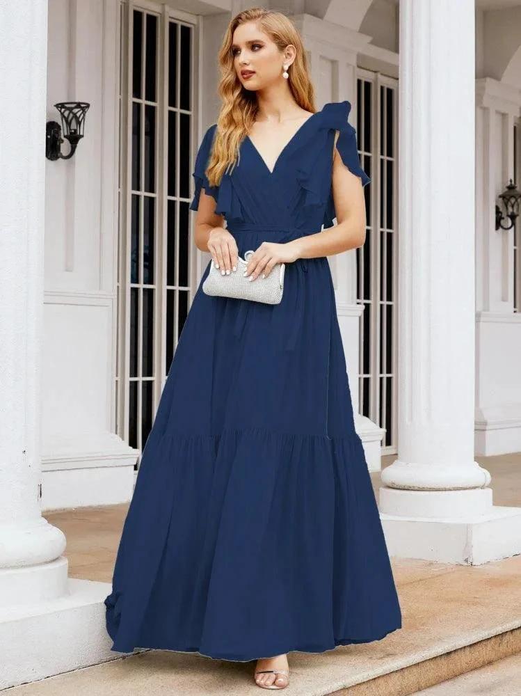 Numbersea Women's Open Back Formal Evening Party Prom Gowns V-Neck Long Chiffon Bridesmaid Dresses with Waist Belt 28038