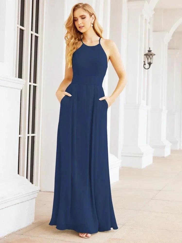 Numbersea Halter Bridesmaid Dresses with Pockets Sleeveless Formal Evening Party Prom Gowns  28055
