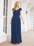 Numbersea V-Neck Bridesmaid Dresses Long Cap Sleeves Prom Evening Formal Gowns 28071