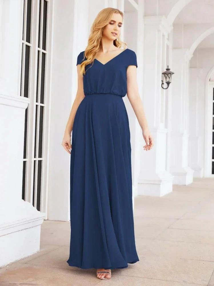 Numbersea V-Neck Bridesmaid Dresses Long Cap Sleeves Prom Evening Formal Gowns 28071