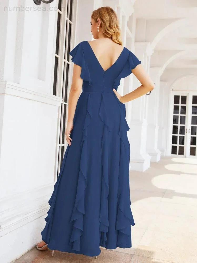 Ruffled Bridesmaid Dresses with Sleeves Long Formal Party Dress 28041