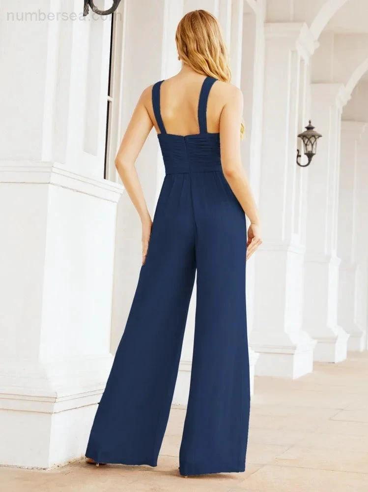 Numbersea Crisscross Neck Jumpsuit Formal Evening Dress Long Bridesmaid Dresses Bell-bottomed Pants 28033