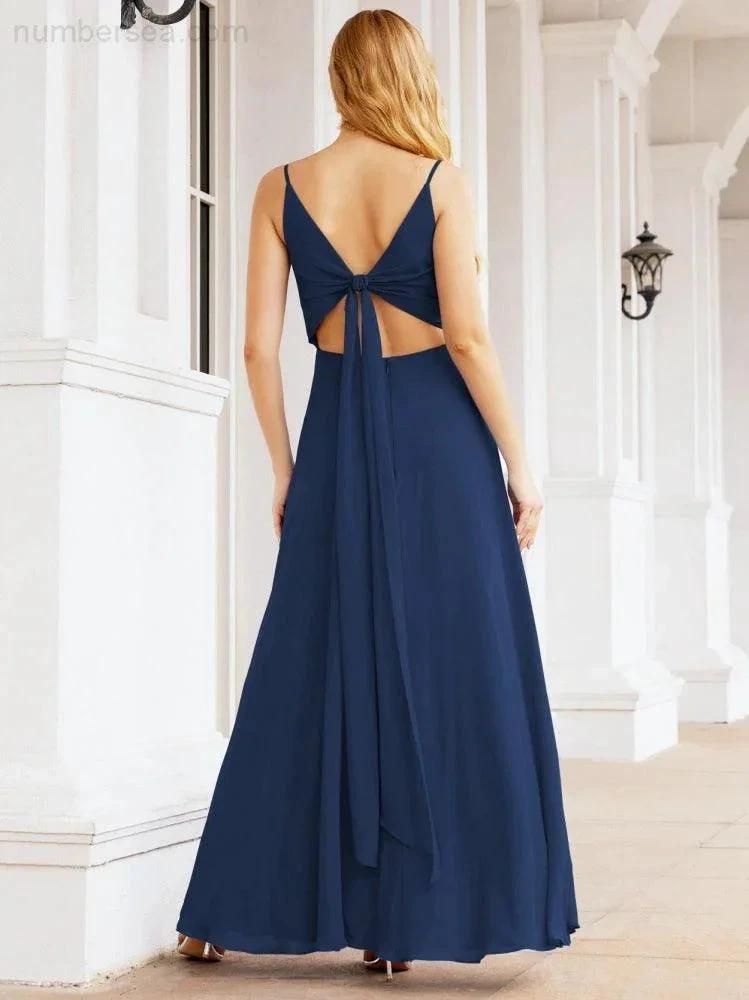 Numbersea Spaghetti Strap Bridesmaid Dresses V Neck Butterfly Back Fromal Evening Party Prom Gown 28036