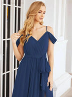 Numbersea Off The Shoulder Chiffon Bridesmaid Dress Long Formal Graduation Gown with Cowl Back 28069