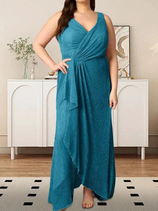 A-Line V-Neck Ruched Metallic Mesh Dress