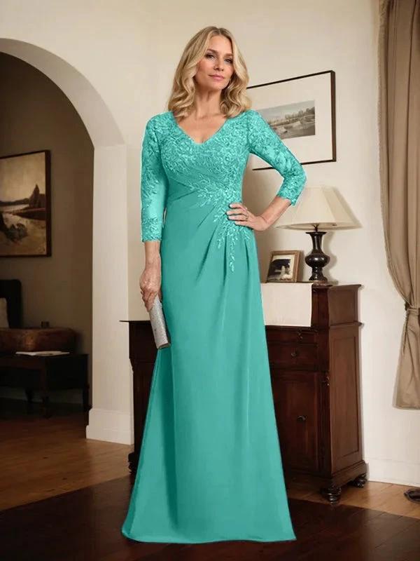 Sheath/Column V-Neck Illusion Floor-Length Lace Chiffon Mother of the Bride Dress With Pleated Sequins