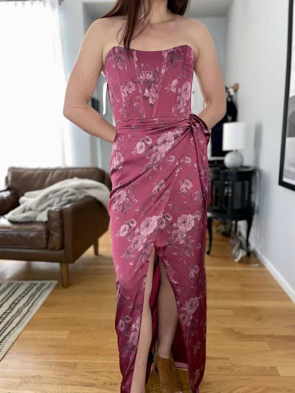 Fuchsia Printed Corset Front-Slit Satin Prom Dress Formal Evening Dress Y8458