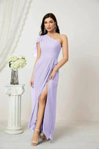 Numbersea  Chiffon Ruffled One Shoulder Long Bridesmaid Dresses A-line Formal Evening Gown Side Split 2809