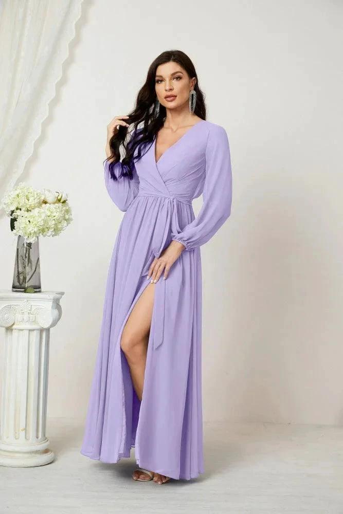 Sunnderly Evening Dresses Deep V-Neck Chiffon Bridesmaid Dresses Long Bishop Sleeve Side Split Formal Dress SY2806