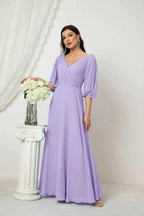 Numbersea  Formal Prom Gown Women V-Neck Chiffon Bridesmaid Dresses Long Bishop Sleeve Party Dress 2807