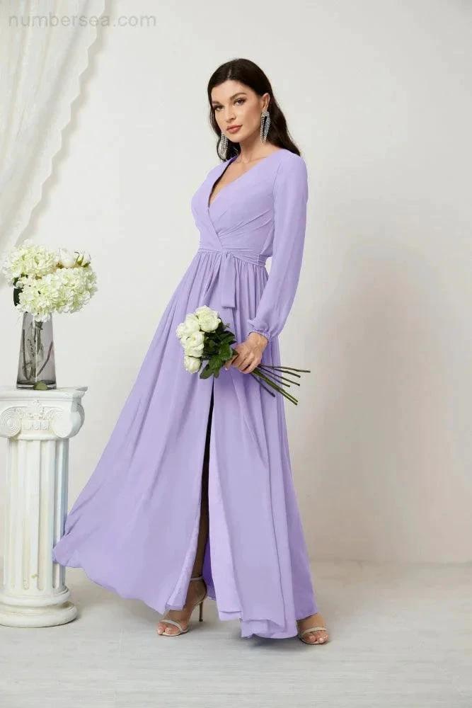 Sunnderly Evening Dresses Deep V-Neck Chiffon Bridesmaid Dresses Long Bishop Sleeve Side Split Formal Dress SY2806