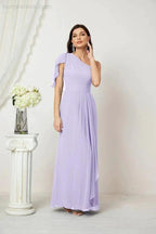 Numbersea  Chiffon Ruffled One Shoulder Long Bridesmaid Dresses A-line Formal Evening Gown Side Split 2809
