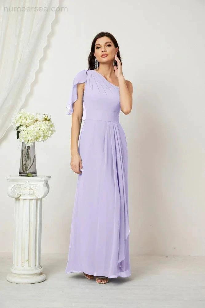 Numbersea  Chiffon Ruffled One Shoulder Long Bridesmaid Dresses A-line Formal Evening Gown Side Split 2809