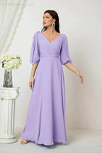 Numbersea  Formal Prom Gown Women V-Neck Chiffon Bridesmaid Dresses Long Bishop Sleeve Party Dress 2807