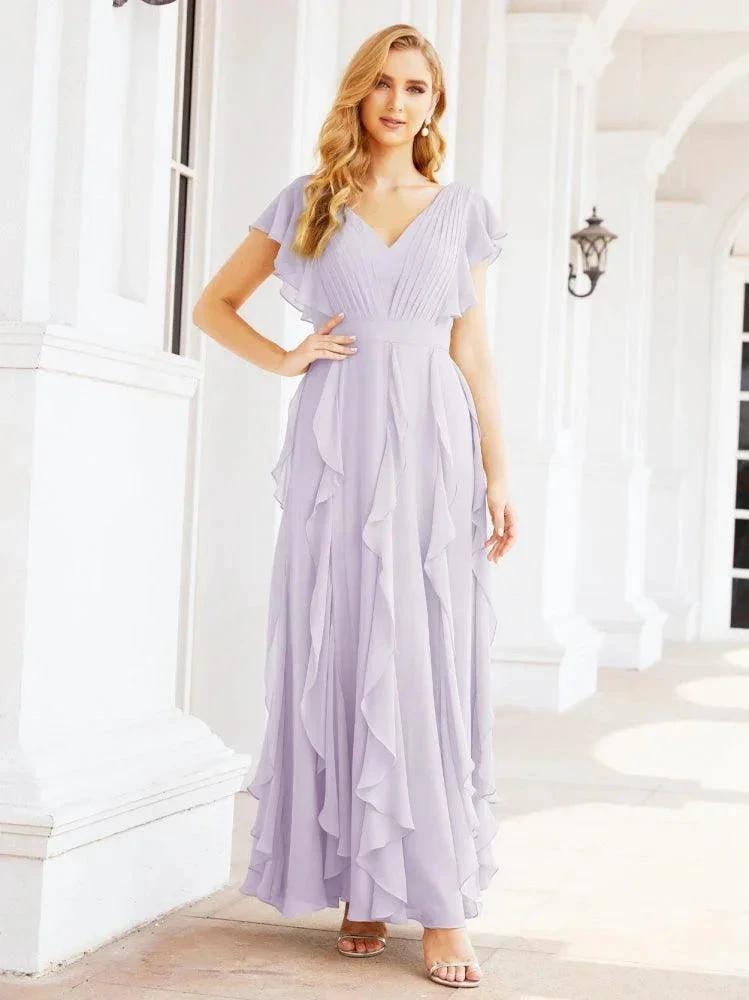 Ruffled Bridesmaid Dresses with Sleeves Long Formal Party Dress 28041