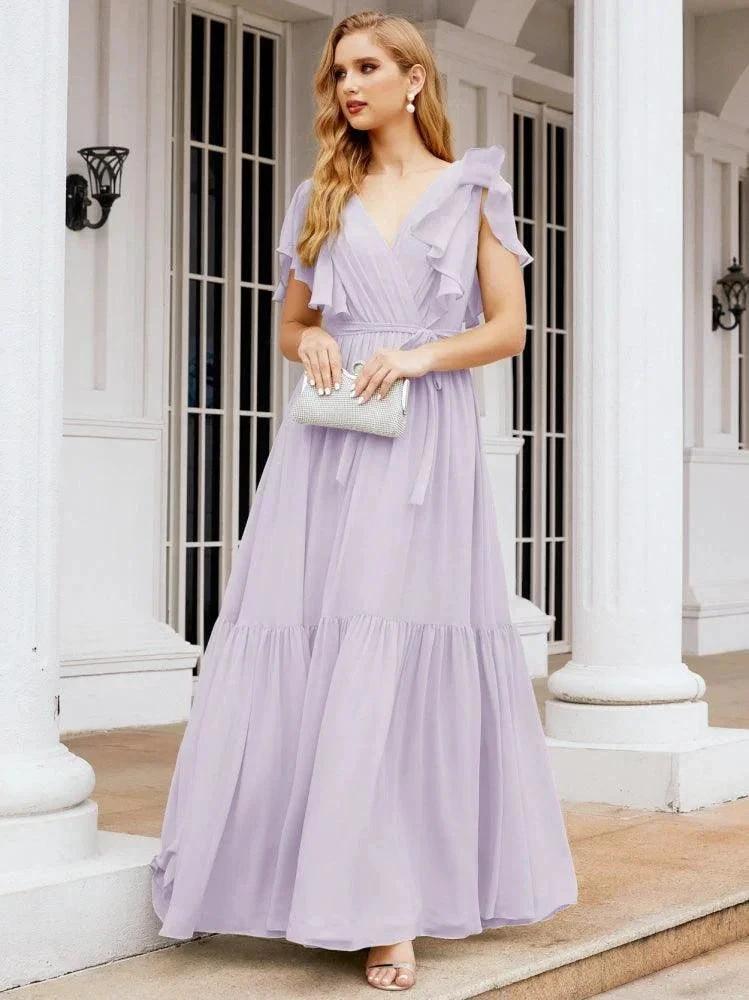 Numbersea Women's Open Back Formal Evening Party Prom Gowns V-Neck Long Chiffon Bridesmaid Dresses with Waist Belt 28038
